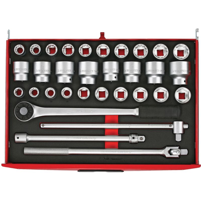 Teng 32pc 3/4in drive socket set in organized EVA foam tray, featuring 19 metric and 12 SAE sockets for versatile use.