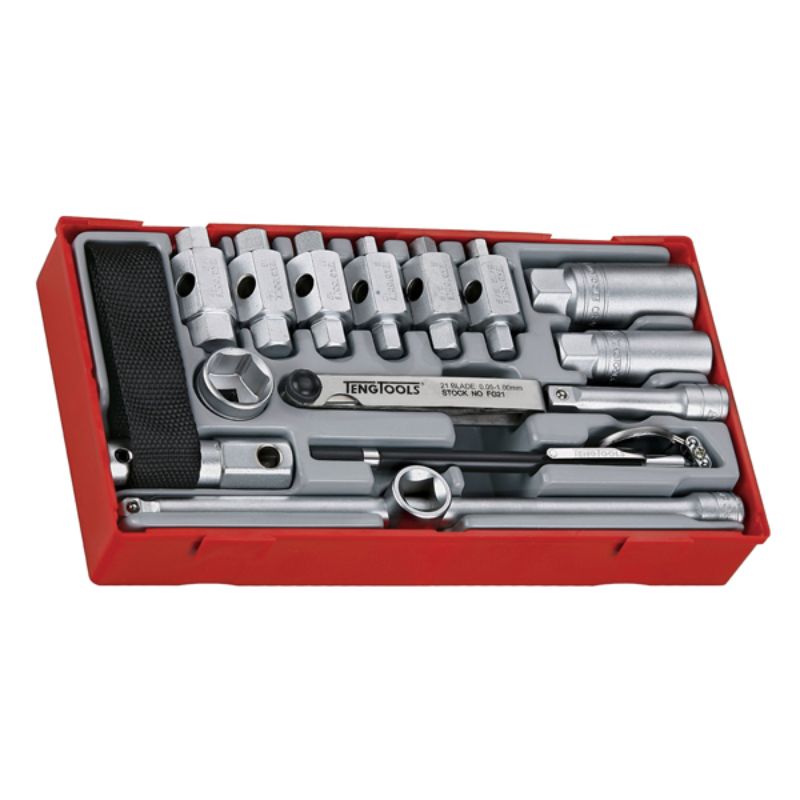 Teng 16pc Oil Service Tool Kit - TC-Tray with drain plug sockets, mirror, and feeler gauges for efficient oil changes.