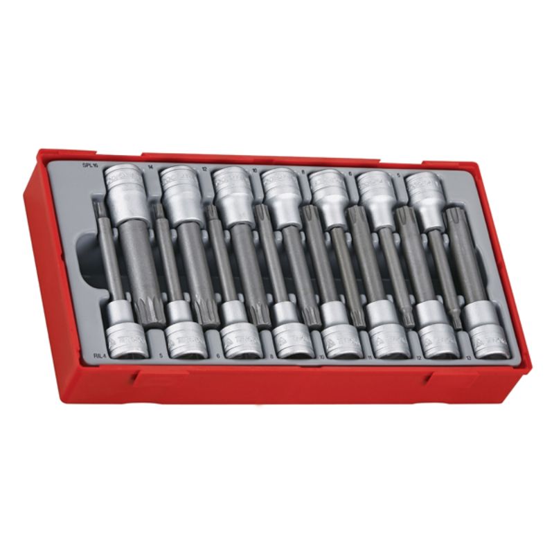 15-piece Teng socket set for Ribe and XZN heads, includes 100mm bits in durable storage tray, perfect for DIY and professional use.