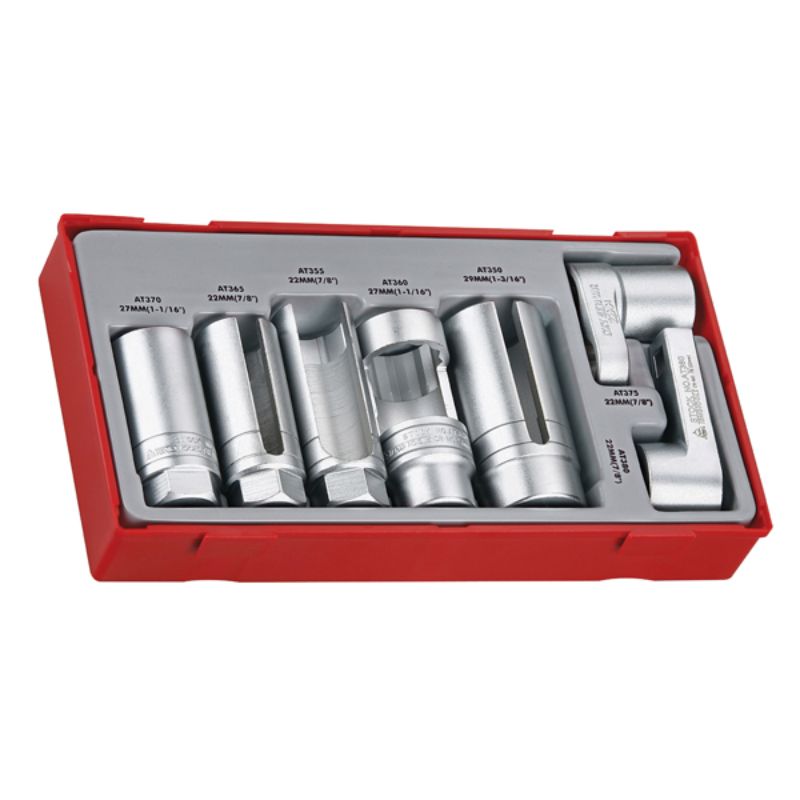 Teng 7pc Specialist Socket Set in TC-Tray, ideal for automotive tasks like oxygen sensors and fuel injectors, compact and organized.