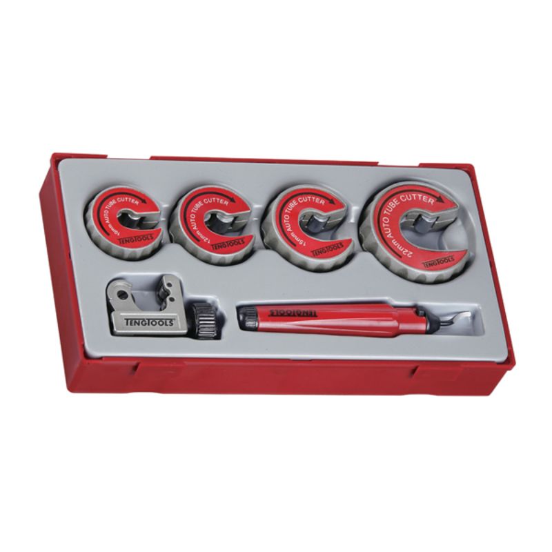 Teng 6pc Tube Cutter Set - TC-Tray with ergonomic design for precision cutting of plastic, copper, and brass tubes, includes deburring tool.