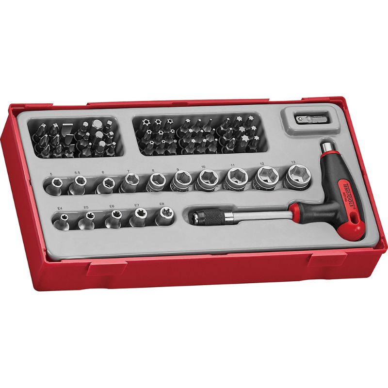 Teng 62pc T-Handle Socket & Bits Set in TC tray, featuring a T-handle design for enhanced torque and organized tool storage.
