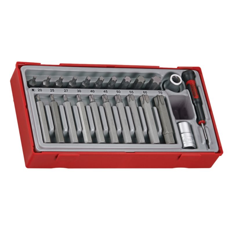 Teng 23pc TX Bits Set in TC tray featuring various sizes TX20 to TX70, ideal for precision fastening tasks.