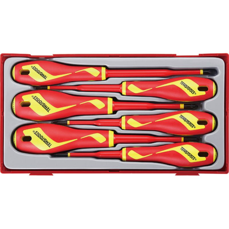 Teng 6-piece VDE Screwdriver Set with ergonomic handles, insulated for safety up to 1000V, stored in a lightweight TC tray.