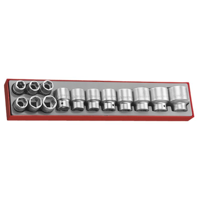 Durable Teng 14pc 3/4in Drive Socket Set with 6-point openings, sizes 19mm-50mm, organized in a portable TTX-Tray.
