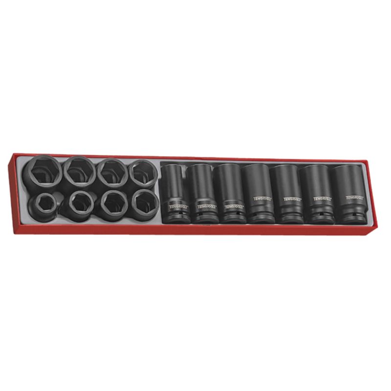 Teng 15pc impact socket set in TC tray, includes 8 regular and 7 deep sockets, made from durable chrome molybdenum.