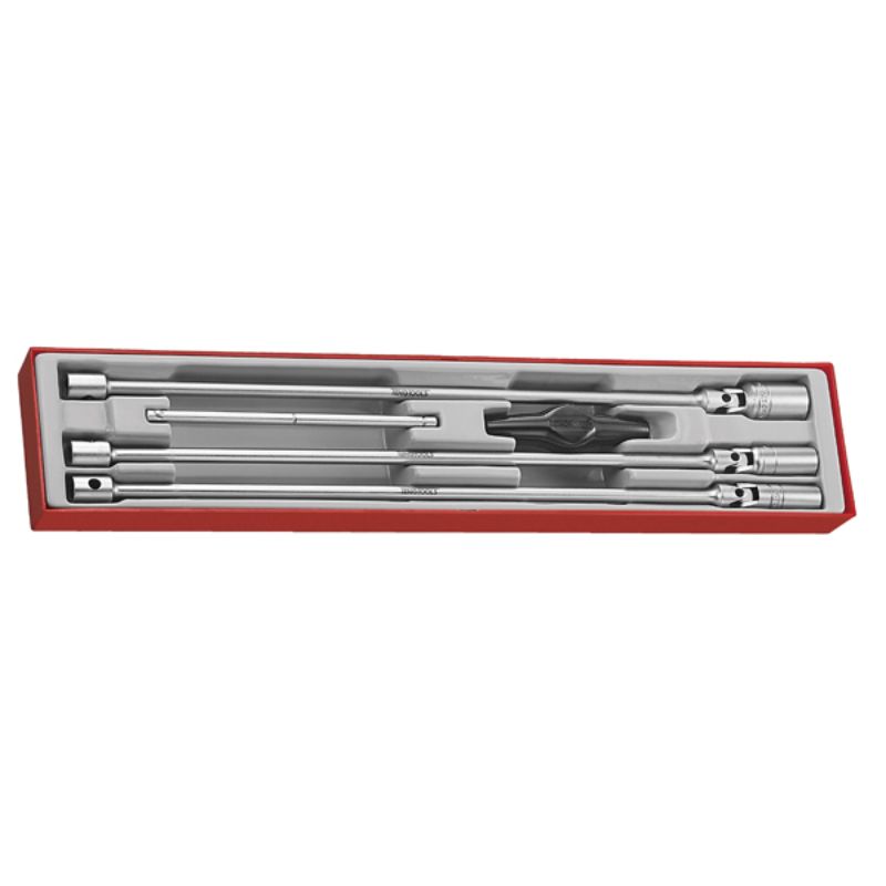 Teng 5pc spark plug socket set with long swiveling sockets, T-handle, and TC tray, ideal for efficient automotive maintenance.