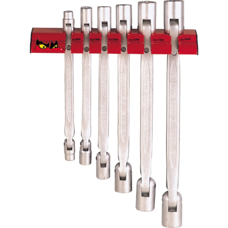 Teng 6pc D-Flex wrench set with 180° swivel heads, chrome vanadium steel, includes wall rack for organized storage.