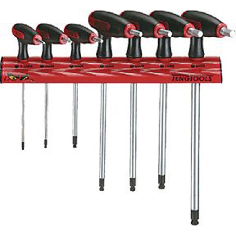 Teng 7-piece T-handle metric hex set (2.5-8mm) with ball point ends and wall rack for organized tool storage.