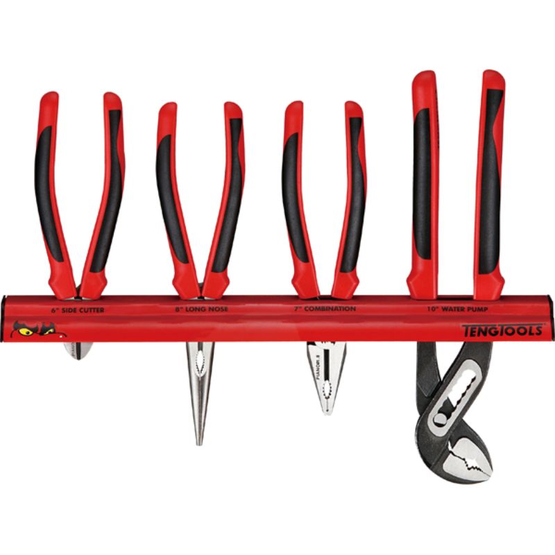 Teng 4pc MB Plier Set with durable handles and wall rack, including water pump, combination, side, and long nose pliers.