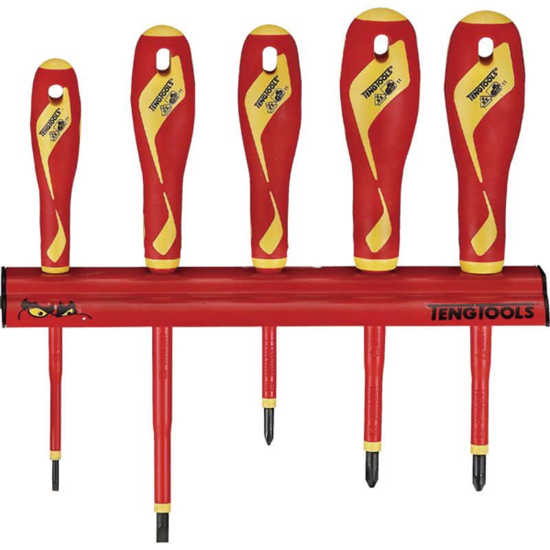 Teng 5pc VDE Screwdriver Set with wall rack, featuring insulated tools for safe electrical work up to 1000V.