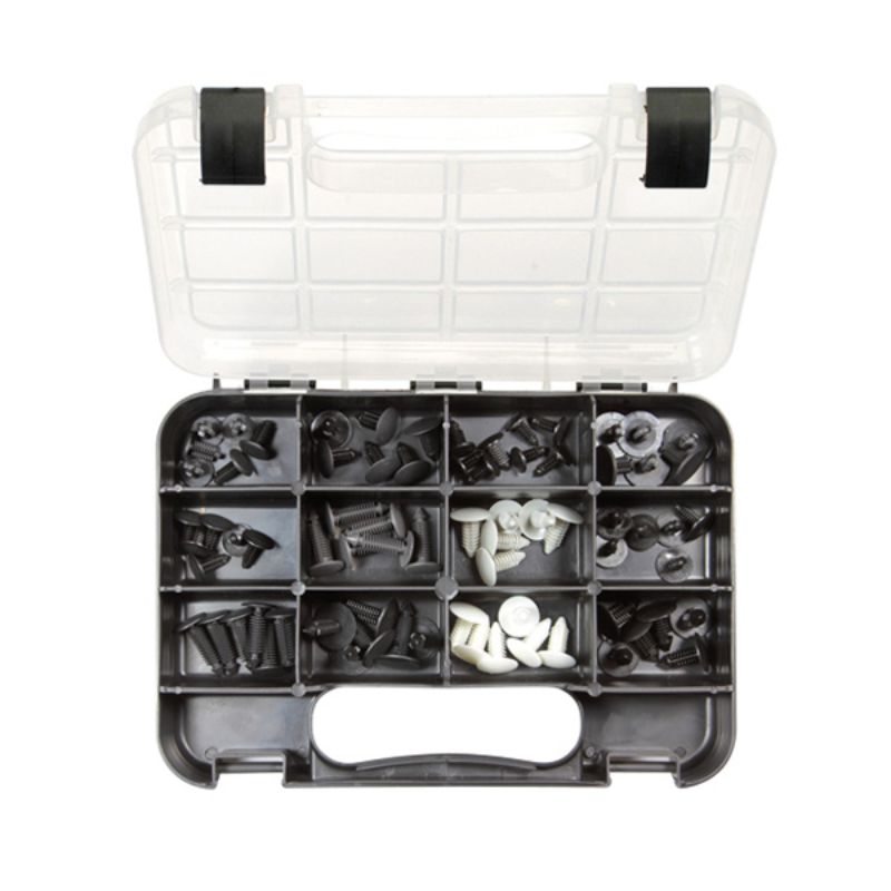 Plastic Xmas tree trim clips kit with 72 pieces in 12 sizes for securing Christmas decorations easily and securely.