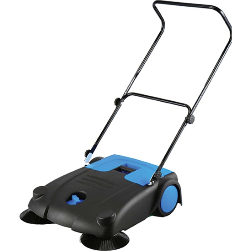 ProEquip 700mm Manual Floor Sweeper, eco-friendly, 14L waste container, twin side brooms, compact design for easy storage.