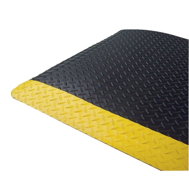 ProEquip Anti-Fatigue Safety Mat with yellow edges, providing cushioning, slip resistance, and easy cleaning for workplace safety.