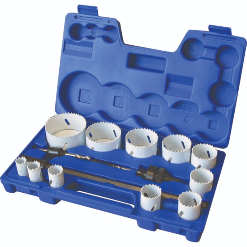 ProEquip 15pc Bi-Metal Hole Saw Kit featuring 11 sizes (19-76mm) for cutting wood, metal, and more with smooth, efficient performance.
