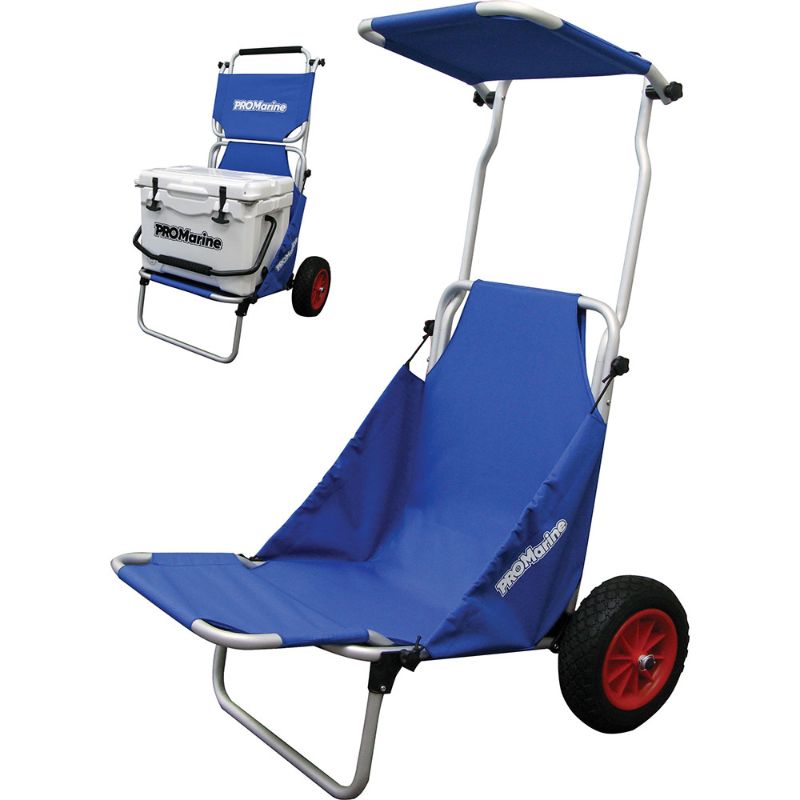 "ProMarine Universal Beach Buggy for easy transport of fishing gear, featuring a fold-out sunshade and sturdy PU wheels."