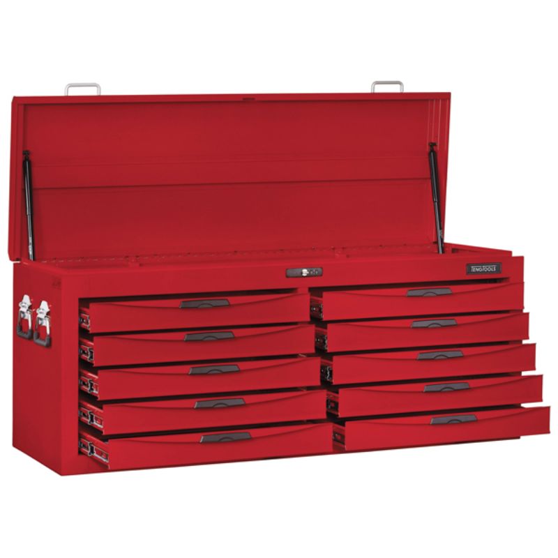 Teng 10-Dr. 54in 8-Series Top Box in red steel with 4 drawers, combination lock, and heavy-duty handles for tool storage.