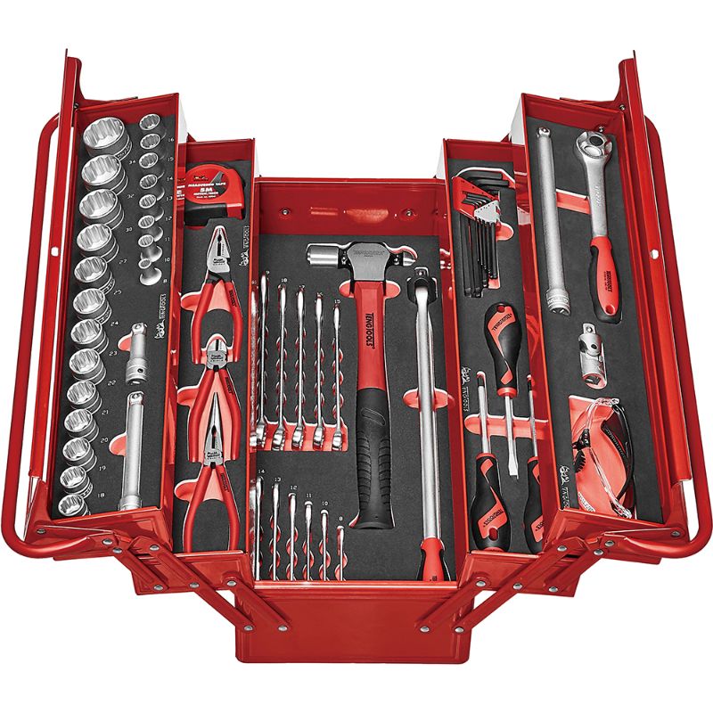 Teng 56pc Metric EVA Tool Kit in cantilever box, featuring organized tools with pre-cut foam and red-highlighted missing tool spots.