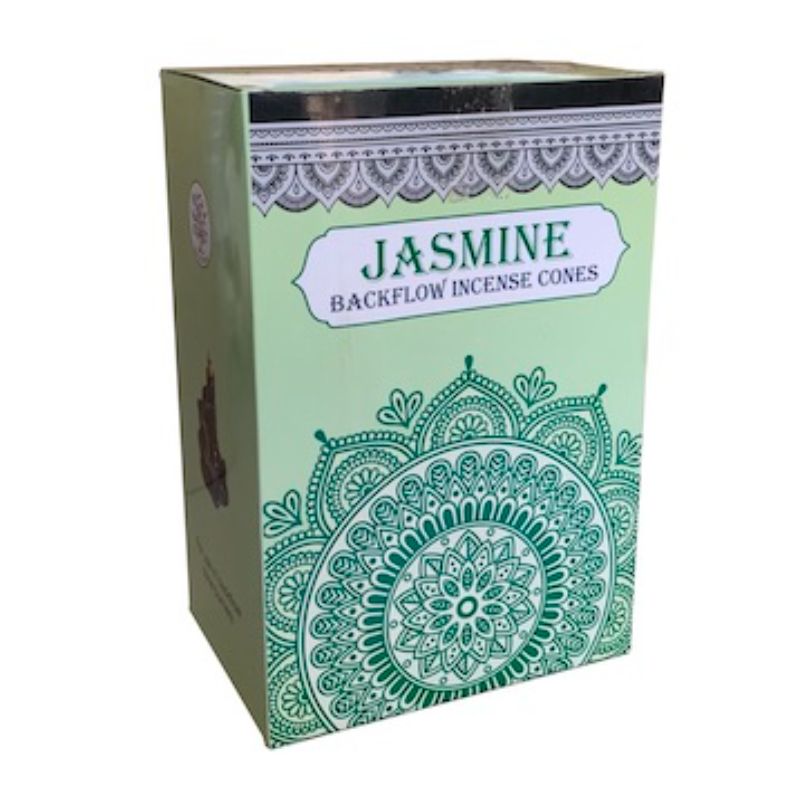 Twelve packets of Sacred Tree Jasmine Backflow Cones, eco-friendly and aromatic, creating soothing smoke for relaxation.