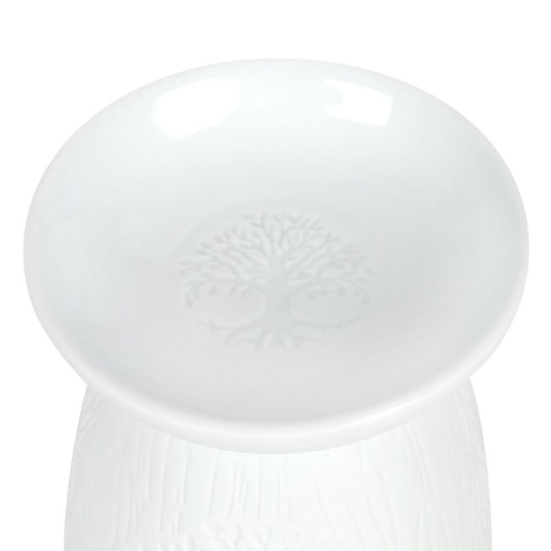 Elegant white ceramic oil burner featuring a detailed Tree of Life design, perfect for enhancing ambiance with soothing scents.