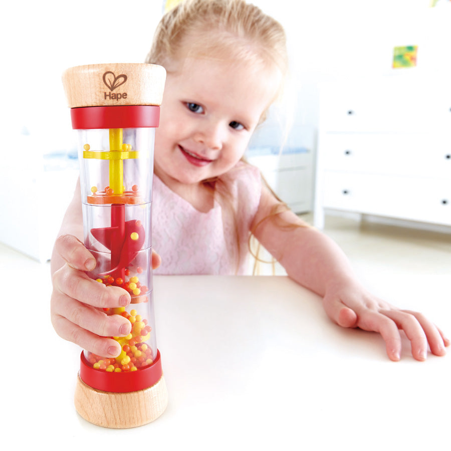 Vibrant red Beaded Raindrops toy for toddlers, featuring colorful trickling beads for sensory play and fine motor skill development.