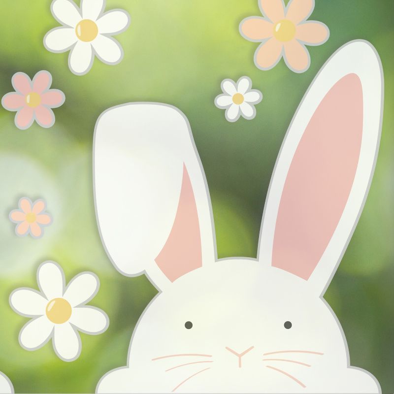Colorful Easter window stickers featuring playful bunnies and flowers, perfect for festive home decor.