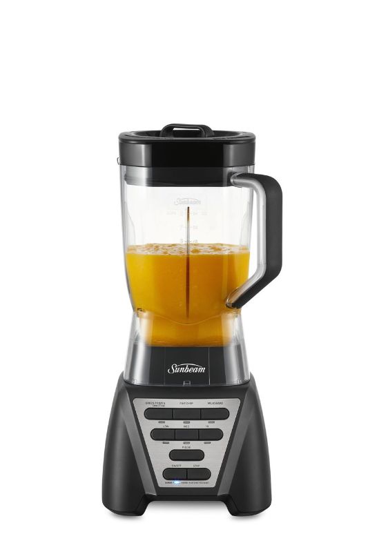 Sleek black Sunbeam Two Way Blender with 2L jug, 7 functions, and unique two-way action for smooth blending.