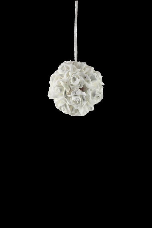 Set of 5 white Foam Rose Kissing Balls, 16cm diameter, perfect for wedding decor and customizable to match themes.