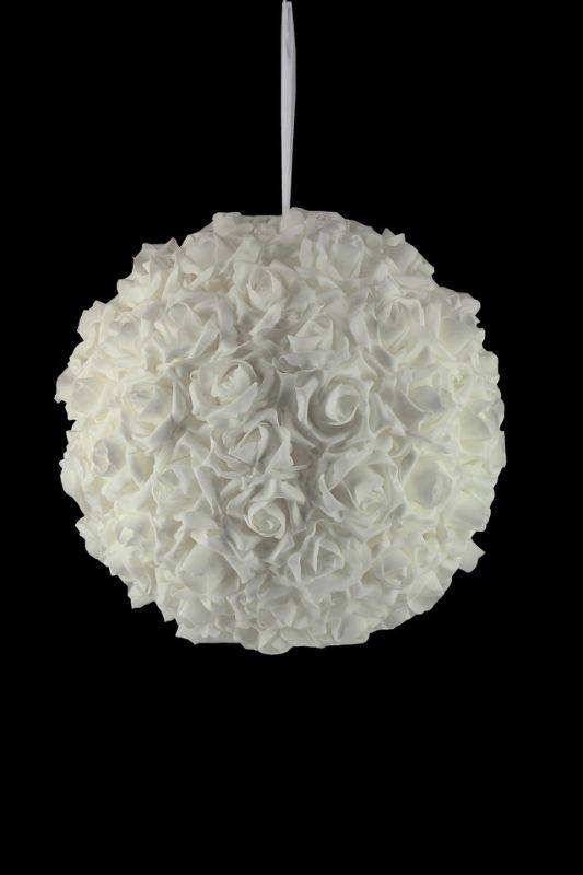 Set of 2 white foam rose kissing balls, each 40cmD, perfect for wedding decor and versatile accent pieces.