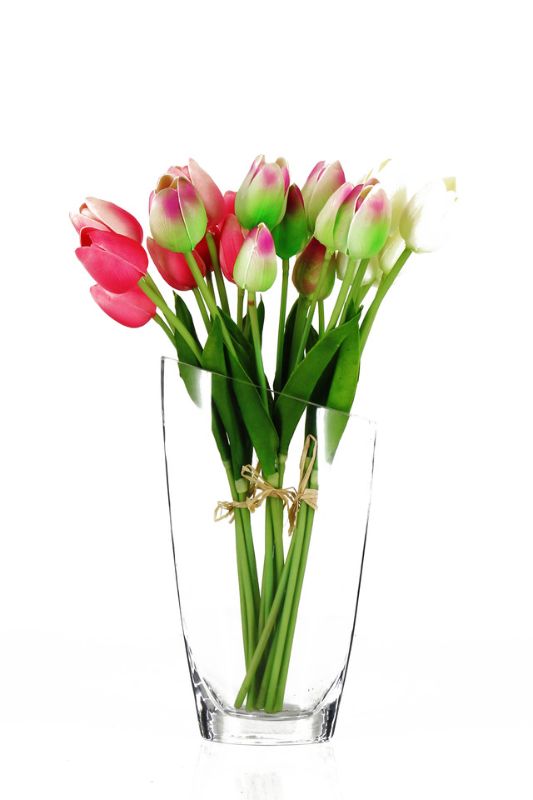 Lifelike pink and green artificial tulip bouquet set of 6, crafted from memory foam, 34cm tall, perfect for elegant decor.