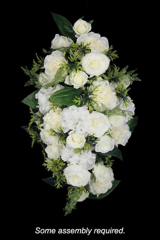 Diamond-shaped wedding flower panel featuring white roses, peonies, hydrangeas, and greenery for elegant decor.