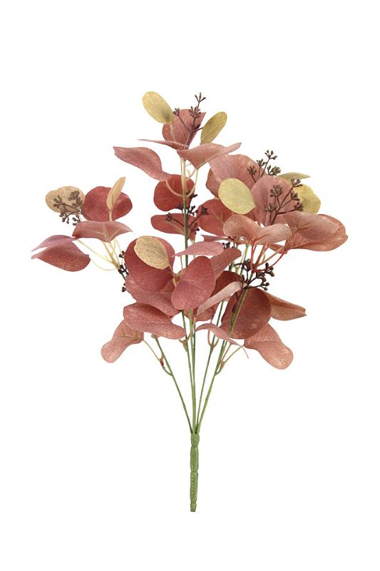 Set of 6 artificial eucalyptus bushes in terracotta, featuring 7 realistic branches with natural-colored leaves and buds.