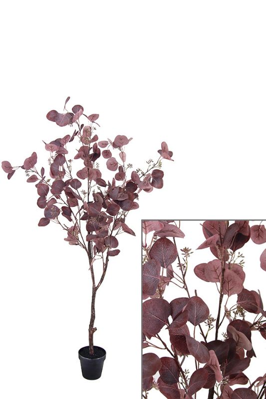 Lifelike 130cm artificial Dollar Gum Tree in plum with vibrant leaves and realistic wood stem, perfect for decor.