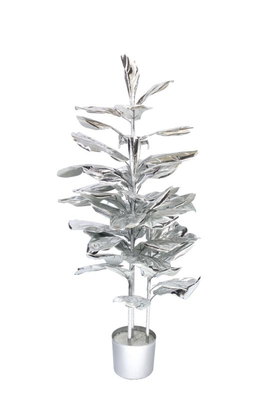 Artificial metallic silver fiddle plant with 45 leaves, 120cm tall, perfect for modern home decor and festive styling.