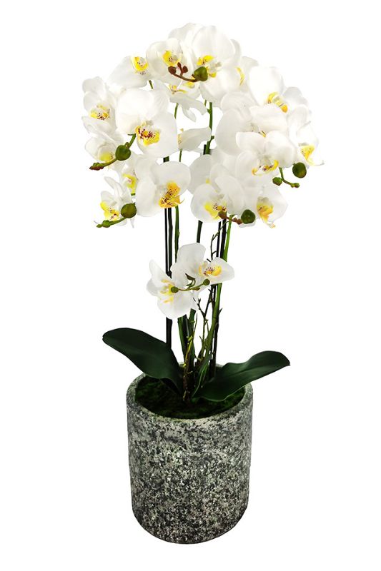Artificial large white Phalaenopsis Orchid in a cement vase, featuring lifelike petals, stems, and moss for elegant decor.