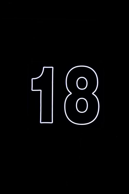 White Neon LED '18' sign, 650x570mm, perfect for birthdays and graduations, includes 12v transformer and 3m extension.