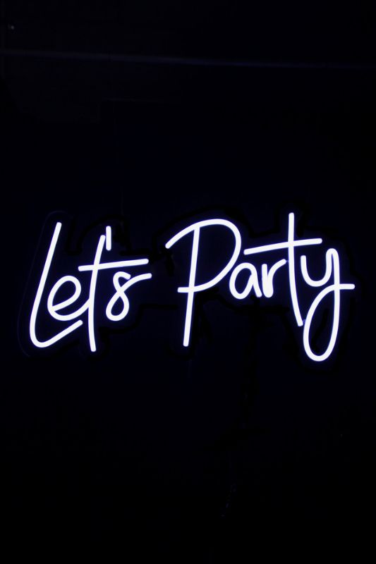 White neon LED sign reading 'Let's Party', perfect for celebrations and gatherings, featuring energy-efficient design and easy installation.