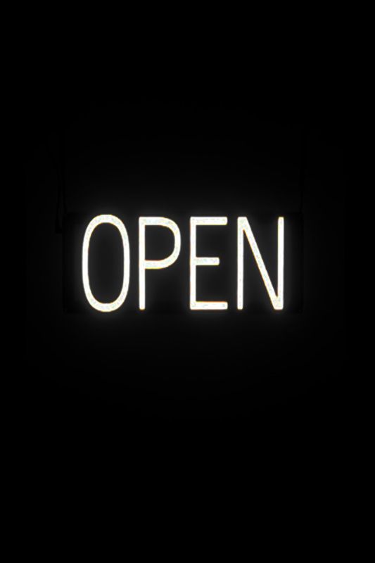 Black neon LED 'OPEN' sign, 500×180mm, ideal for businesses, with 12v transformer and 3m extension for easy installation.