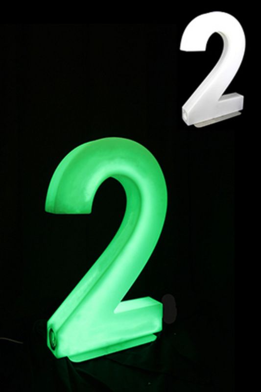 Giant LED Number 2, 81cm high, RGB remote control, 12 colors, dimmer, stainless steel base for vibrant celebrations.