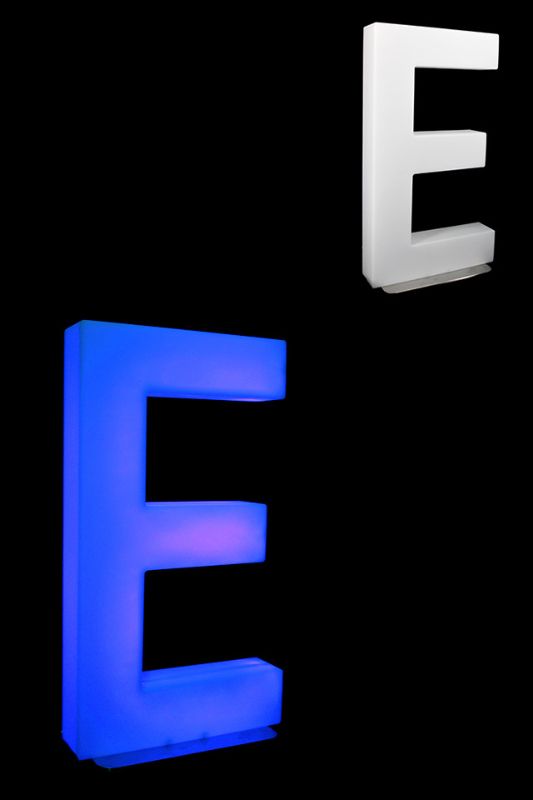 Giant RGB LED Letter E with remote control, stylish stainless steel base—perfect for parties and home decor, 82cm tall.