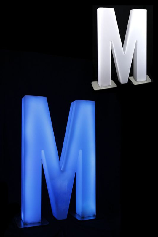 Giant 82cm LED Letter M with RGB remote control, stainless steel base, 12 colors, dimmer, and flash/fade features.