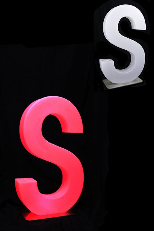 Giant LED Letter S, 82cmH, remote-controlled RGB colors, dimmer, flash/fade functions for dynamic event decor.
