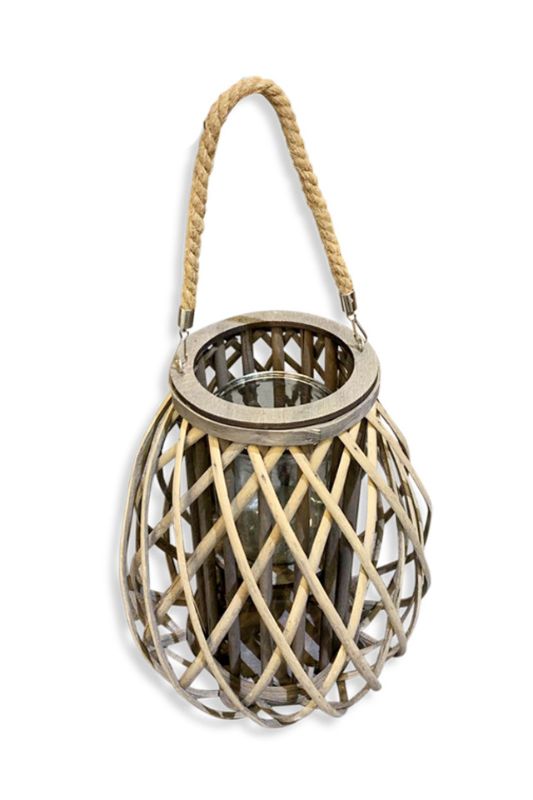 Set of 6 Rustic Belly Cane Lanterns made of woven cane, featuring glass containers and rope handles for versatile decor.