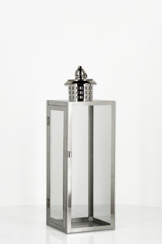 Set of 6 modern silver stainless steel lanterns with glass panels, perfect for home decor and outdoor events.