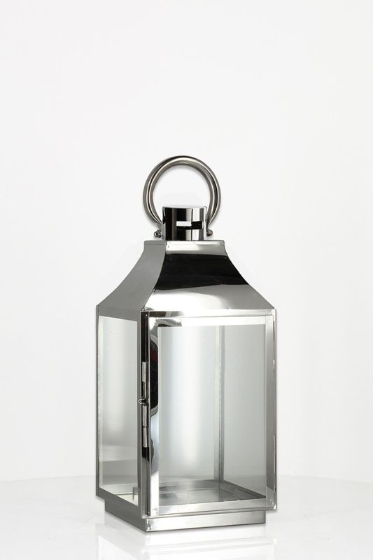 Set of 4 elegant silver stainless steel lanterns with glass panels, perfect for indoor and outdoor ambiance.