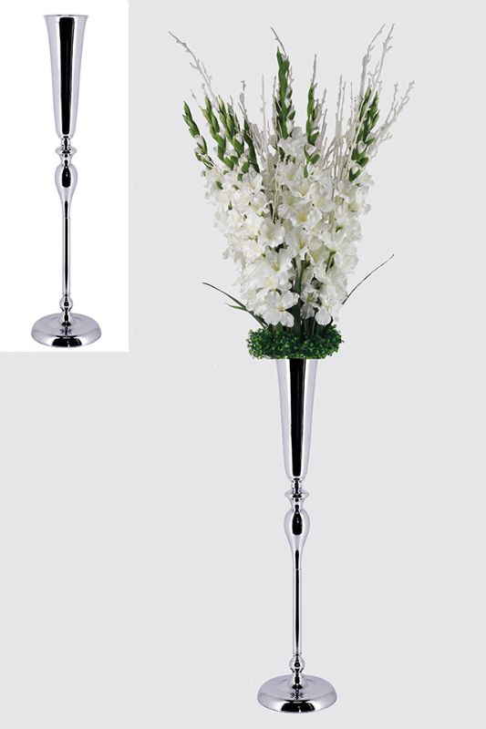 Stylish silver floor standing vase with heavy base, perfect for tall floral arrangements, measuring 23D x 100cmH.