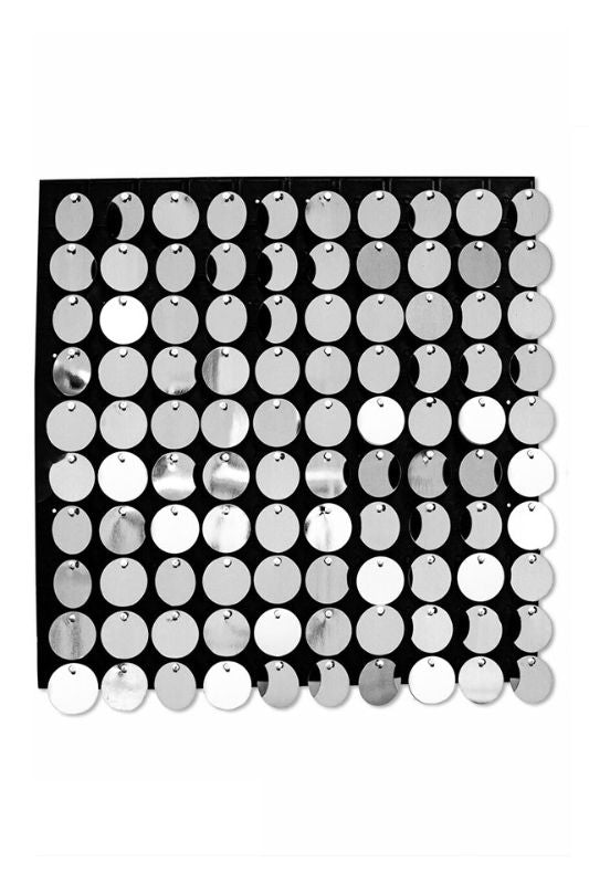 A set of 24 shimmering silver round sequin panels, each 30 x 30 cm, perfect for glamorous event decor and photo booths.