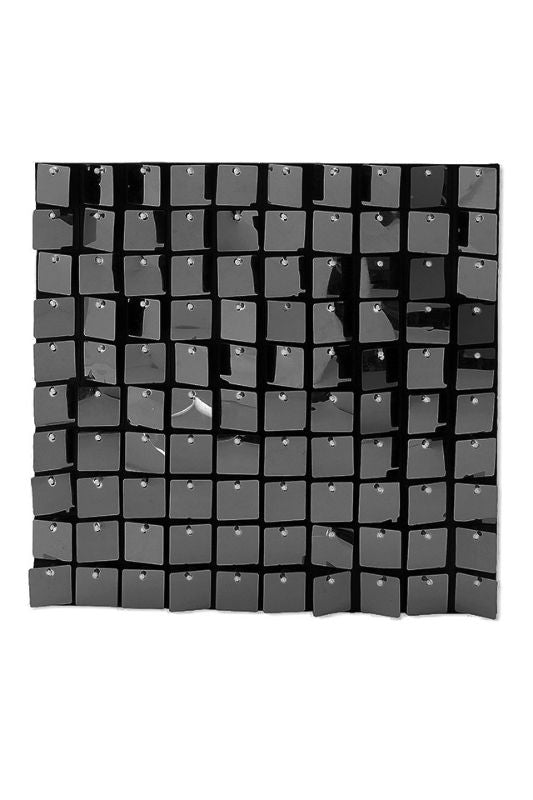 Set of 24 black square sequin backdrop panels, perfect for elegant event decor and photo displays, measuring 30 x 30cm each.