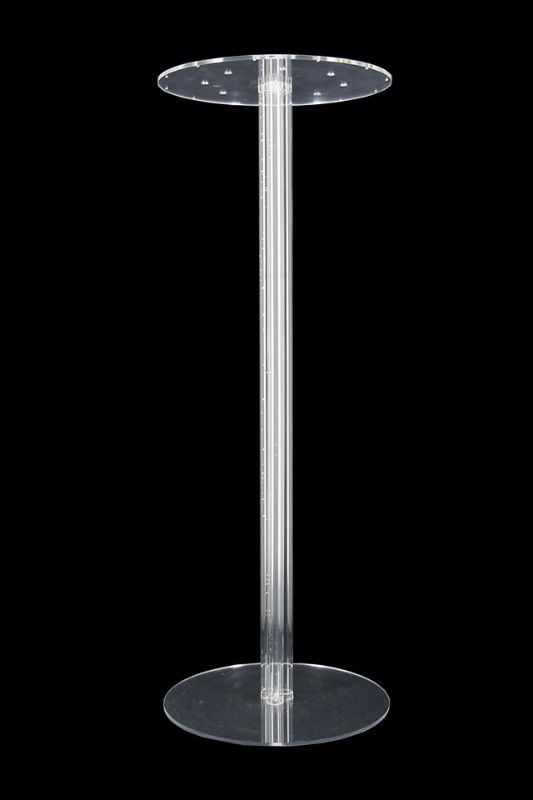 Clear acrylic pedestal stands set of 3, 90cm tall, ideal for showcasing decor and featuring openings for lights and hooks for adornments.