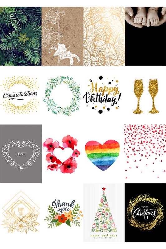 A pack of 1000 assorted folded cards in 16 unique designs for all occasions, measuring 70 × 100mm each.